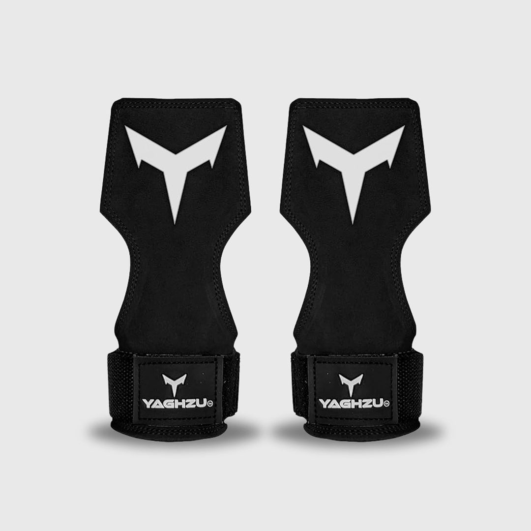 Yaghzu lifting grips with wrist straps featuring bold V-shaped print, providing strong wrist support and superior grip for gym workouts.