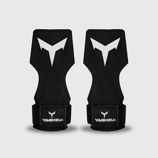 Yaghzu lifting grips with wrist straps featuring bold V-shaped print, providing strong wrist support and superior grip for gym workouts.