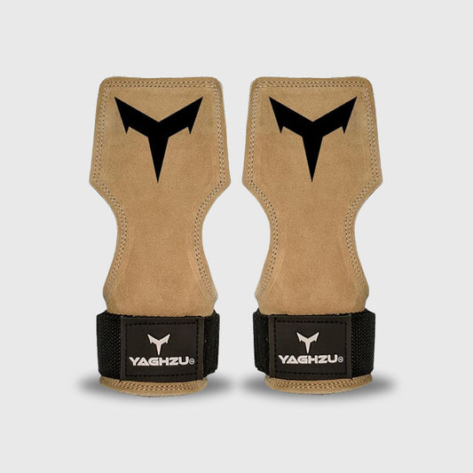 Yaghzu tan weight lifting grips with wrist straps and bold black V-shaped logo, designed for superior wrist support and gym grip performance.