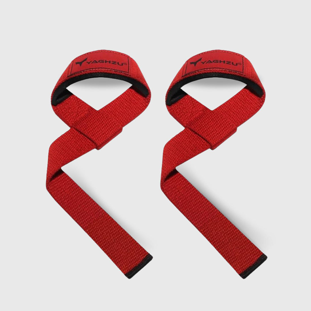 Yaghzu red lifting straps for weightlifting, featuring durable wrist straps for grip support during deadlifts, gym training, and heavy lifts – ideal wrist wraps for lifting and gym straps for enhanced performance.