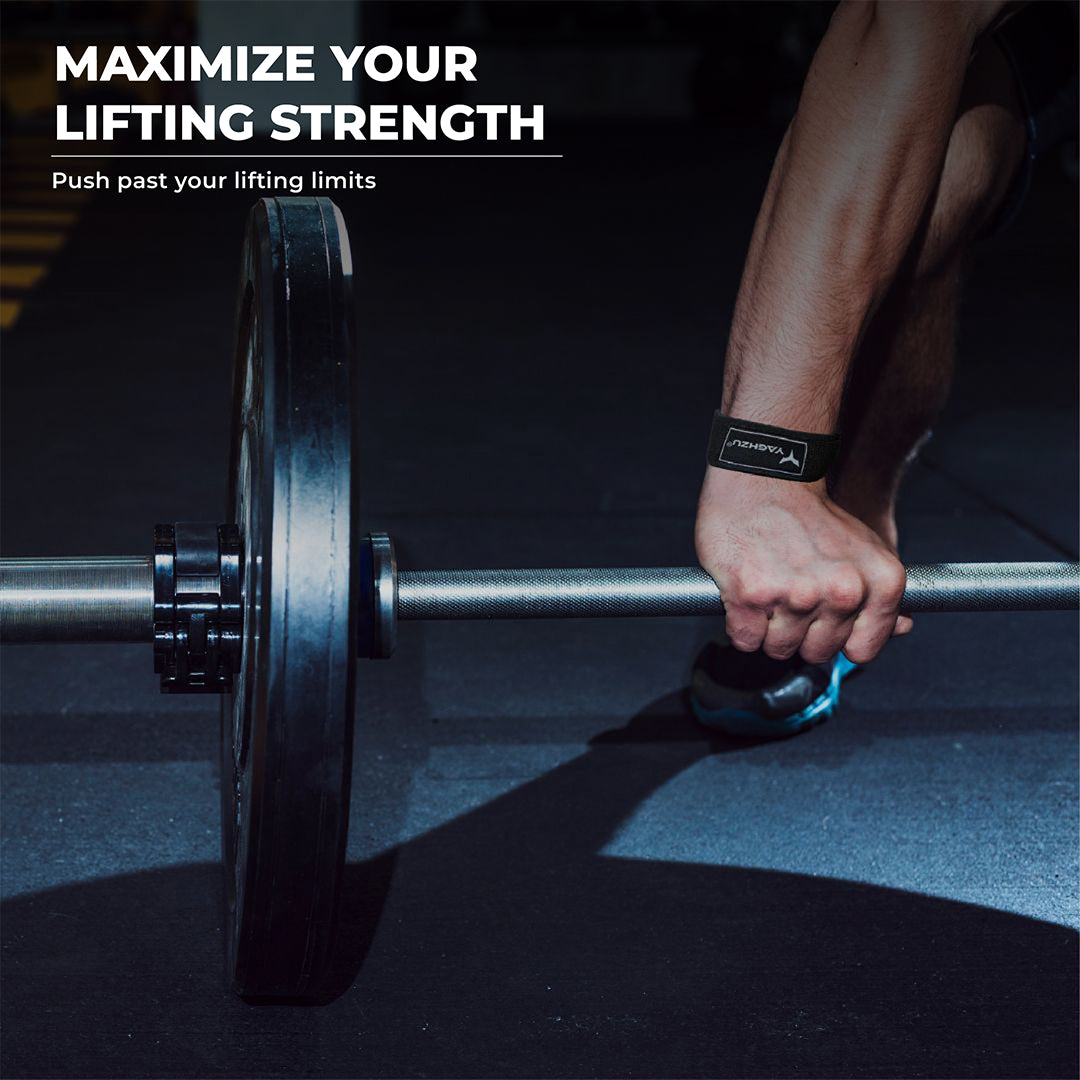 Athlete performing deadlift with Yaghzu lifting straps, gripping loaded barbell—boosting grip strength and stability during intense weightlifting and gym workouts with durable wrist straps.