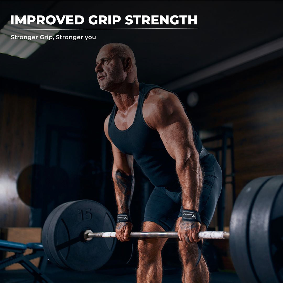 Man performing heavy deadlift using Yaghzu lifting straps — durable wrist wraps designed to boost grip strength and support during intense weight lifting, gym training, and deadlifts.