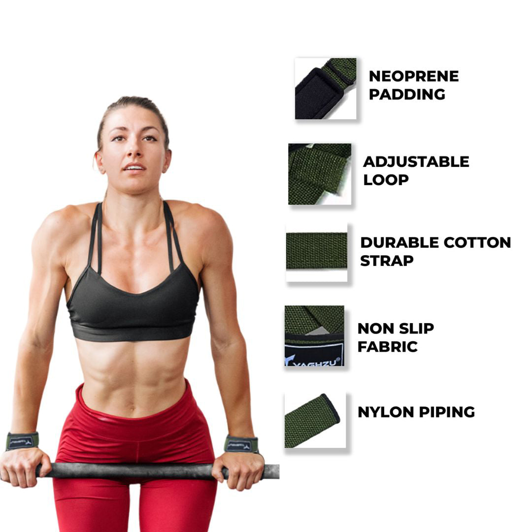 Female athlete using Yaghzu lifting straps with neoprene padding, adjustable loop, durable cotton strap, non-slip fabric, and nylon piping—premium wrist straps for weightlifting, gym training, deadlifts, and wrist support.