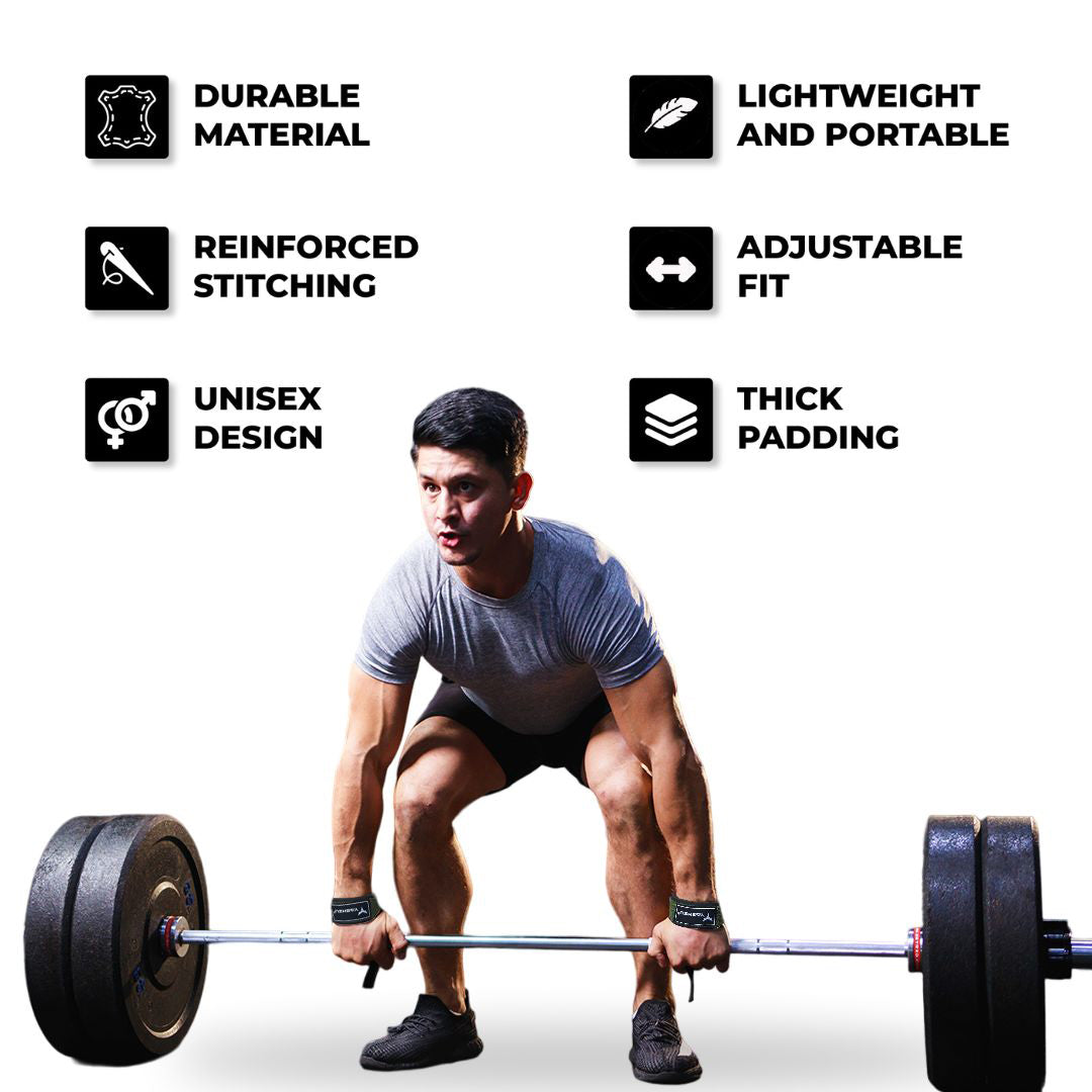 Man performing deadlift with Yaghzu lifting straps; features include durable material, reinforced stitching, unisex design, lightweight and portable build, adjustable fit, and thick padding—ideal wrist straps for weightlifting, deadlifts, and gym workouts