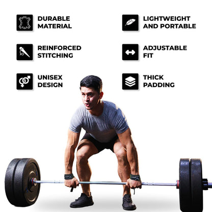 Man performing deadlift with Yaghzu lifting straps; features include durable material, reinforced stitching, unisex design, lightweight and portable build, adjustable fit, and thick padding—ideal wrist straps for weightlifting, deadlifts, and gym workouts