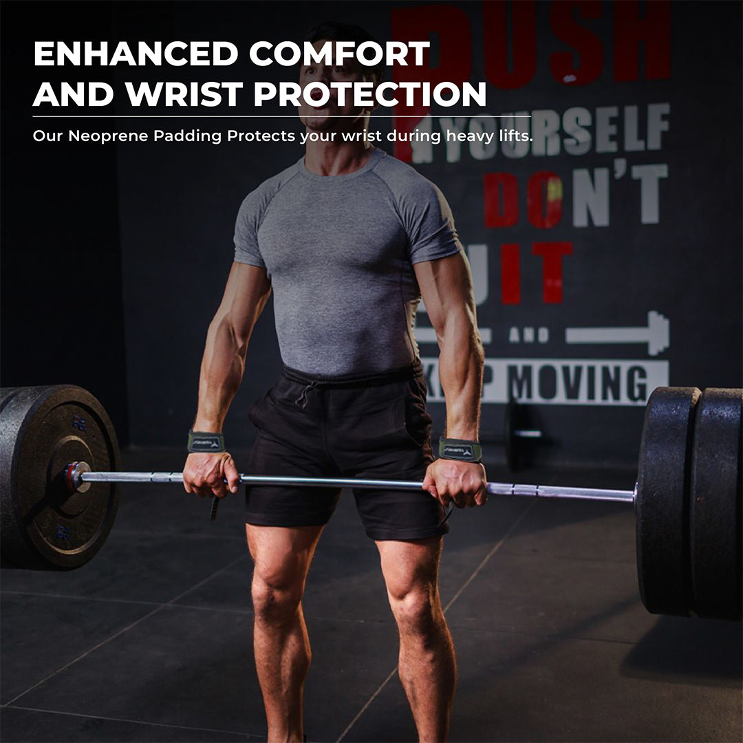Man lifting heavy barbell with Yaghzu lifting straps; showcases enhanced wrist support, neoprene padding for comfort, secure grip for weightlifting, powerlifting, and deadlifts—ideal gym straps for advanced strength training.