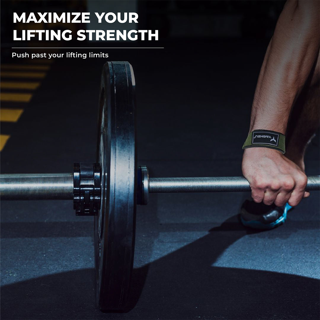 Athlete performing deadlift with Yaghzu lifting straps, gripping loaded barbell—boosting grip strength and stability during intense weightlifting and gym workouts with durable wrist straps.