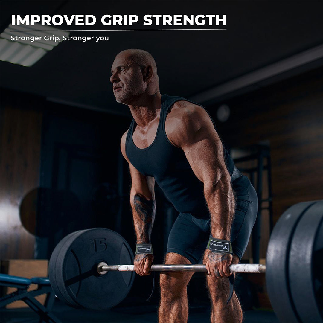Man performing heavy deadlift using Yaghzu lifting straps — durable wrist wraps designed to boost grip strength and support during intense weight lifting, gym training, and deadlifts.