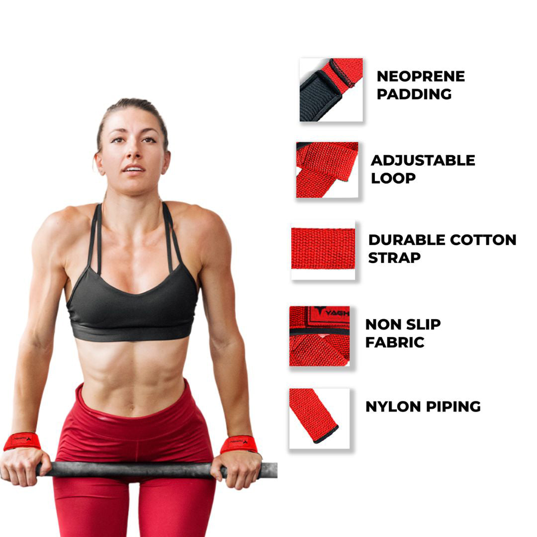 Female athlete using Yaghzu lifting straps with neoprene padding, adjustable loop, durable cotton strap, non-slip fabric, and nylon piping—premium wrist straps for weightlifting, gym training, deadlifts, and wrist support.