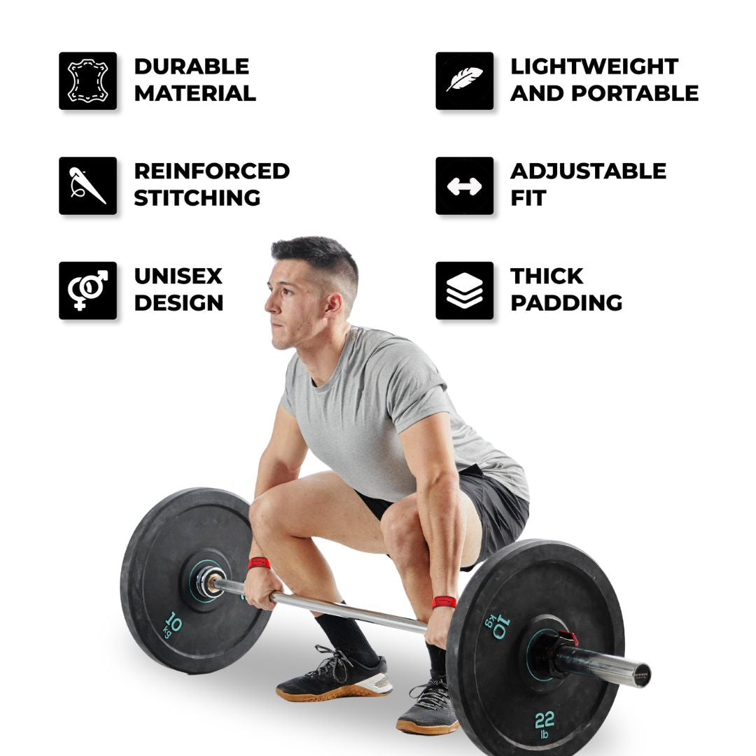 Man performing deadlift with Yaghzu lifting straps; features include durable material, reinforced stitching, unisex design, lightweight and portable build, adjustable fit, and thick padding—ideal wrist straps for weightlifting, deadlifts, and gym workouts