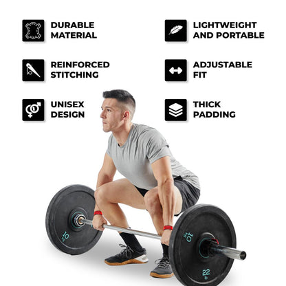 Man performing deadlift with Yaghzu lifting straps; features include durable material, reinforced stitching, unisex design, lightweight and portable build, adjustable fit, and thick padding—ideal wrist straps for weightlifting, deadlifts, and gym workouts