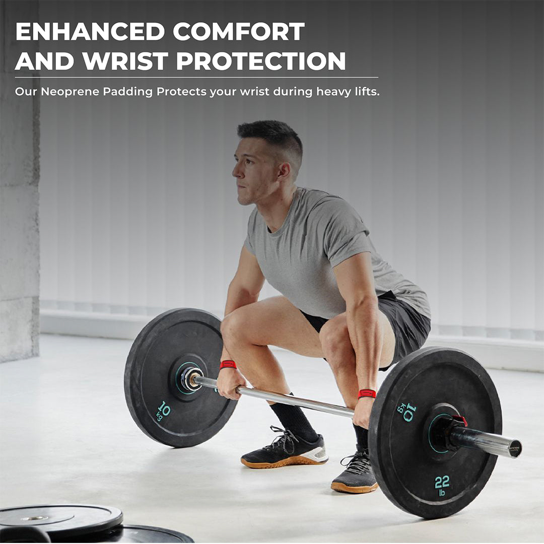 Man using Yaghzu red lifting straps for deadlifts — wrist straps with neoprene padding for enhanced comfort, wrist wraps for lifting, gym straps for heavy weight support.