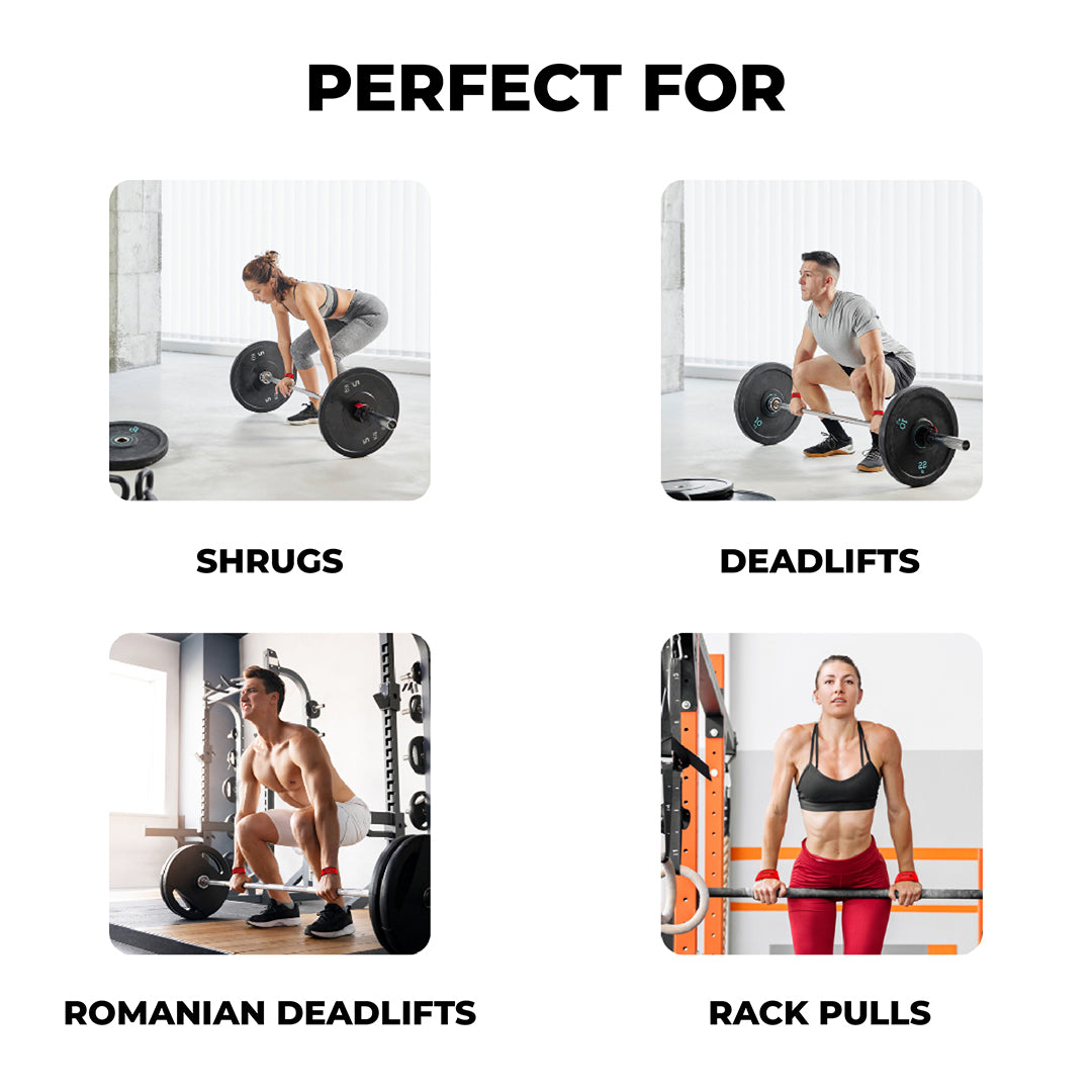 Collage showing different weightlifting exercises using Yaghzu red lifting straps — perfect for shrugs, deadlifts, Romanian deadlifts, and rack pulls; wrist support and grip enhancement for strength training.