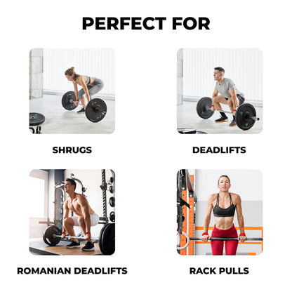 Collage showing different weightlifting exercises using Yaghzu red lifting straps — perfect for shrugs, deadlifts, Romanian deadlifts, and rack pulls; wrist support and grip enhancement for strength training.