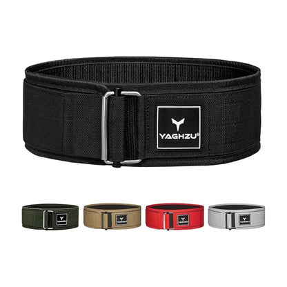 Yaghzu quick-lock weightlifting belts in black, olive green, tan, red, and grey color options for gym and strength training support