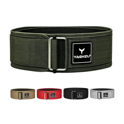 Yaghzu quick-lock weightlifting belts in black, olive green, tan, red, and grey color options for gym and strength training support