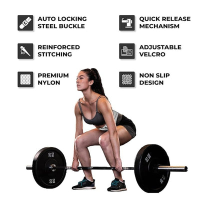 Female athlete performing deadlifts wearing Yaghzu white weightlifting belt, surrounded by feature icons including auto-locking steel buckle, reinforced stitching, adjustable Velcro, premium nylon, quick release mechanism, and non-slip design