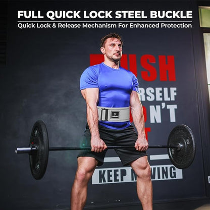 Man using Yaghzu quick-lock weightlifting belt while deadlifting in gym for back support and enhanced lifting stability