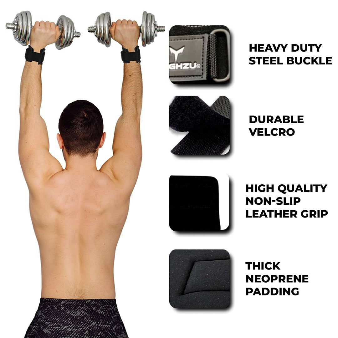 Man performing overhead dumbbell press using Yaghzu lifting grips with wrist support and gym straps, featuring heavy-duty steel buckle, durable velcro, non-slip leather grip, and thick neoprene padding for enhanced strength training.