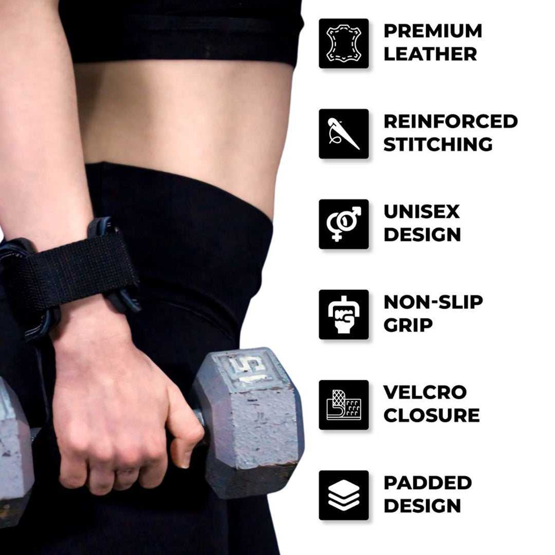 Close-up of Yaghzu lifting grips with wrist support and gym straps, featuring premium leather, reinforced stitching, unisex design, non-slip grip, velcro closure, and padded design for strength training.