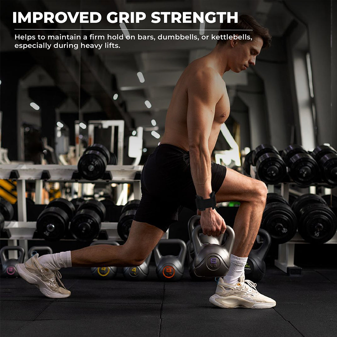 Man performing weighted lunges using Yaghzu lifting grips with wrist support and gym straps for enhanced grip strength during strength training in gym