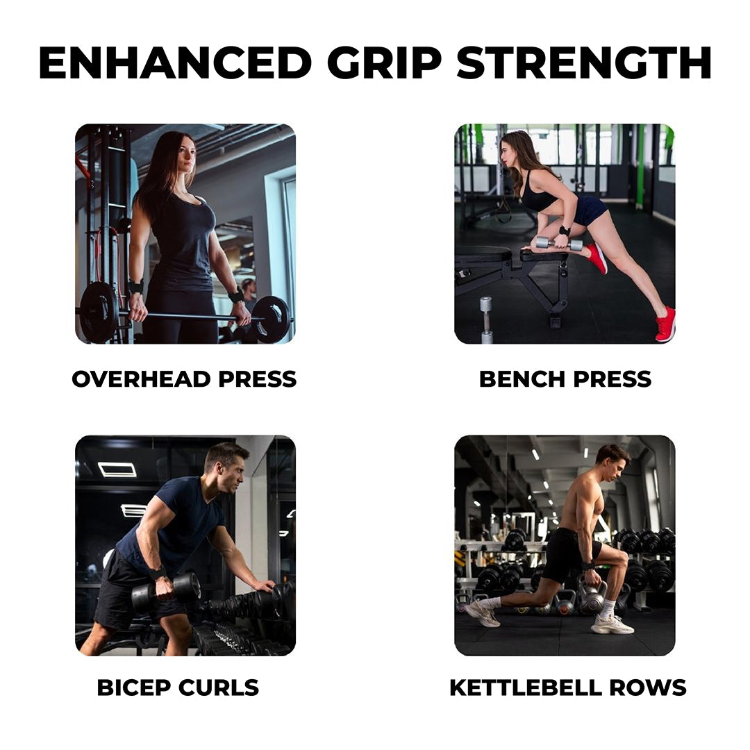Collage of gym workouts using Yaghzu lifting grips with wrist support and gym straps, showcasing overhead press, bench press, bicep curls, and kettlebell rows