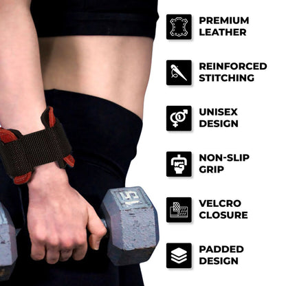 Close-up of Yaghzu lifting grips with wrist support and gym straps, featuring premium leather, reinforced stitching, unisex design, non-slip grip, velcro closure, and padded design for strength training.