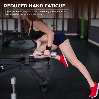 Woman performing dumbbell row in gym using Yaghzu lifting grips, gym straps, and wrist support, designed to reduce hand fatigue and improve grip during strength training