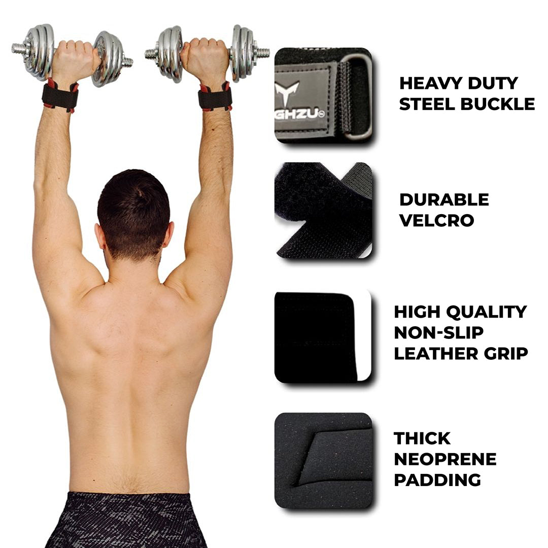 Man performing overhead dumbbell press using red Yaghzu gym straps with wrist support, showcasing heavy-duty steel buckle, durable Velcro, non-slip leather grip, and thick neoprene padding