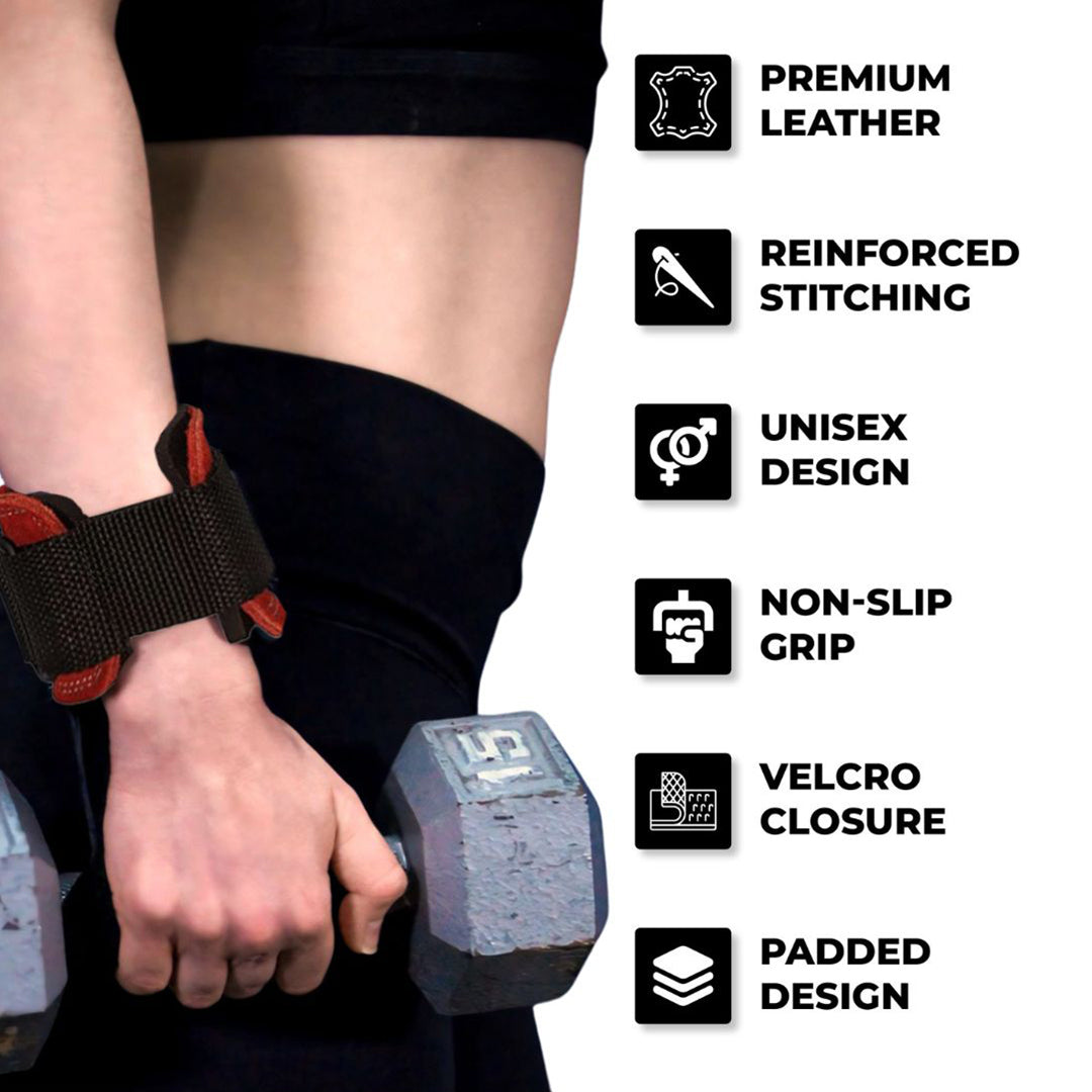 Close-up of woman lifting dumbbells using Yaghzu lifting grips with wrist support, gym straps, and non-slip grip for callus and blister protection during strength training.