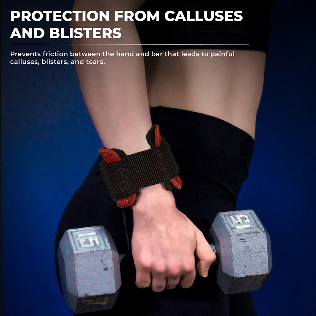 A person holding a 15-pound dumbbell while wearing Yaghzu gym grips with wrist support. The lifting grips are black with red accents and help protect from calluses, blisters, and tears by reducing friction during weightlifting. Text on the image highlights the benefits of protection from calluses and blisters.