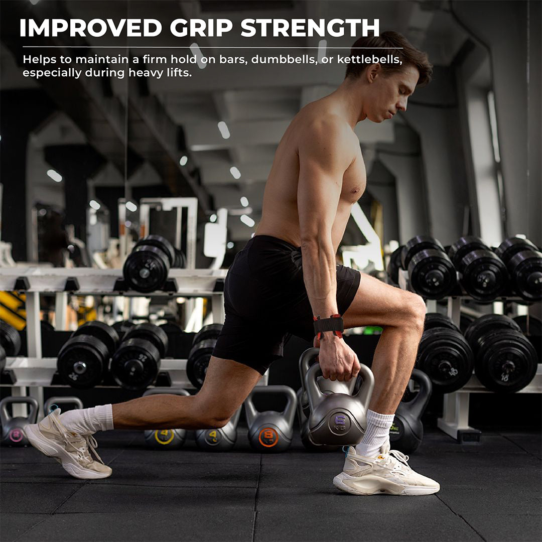 Man doing kettlebell lunges in gym wearing Yaghzu lifting grips with wrist support straps to improve grip strength and control during heavy strength training.
