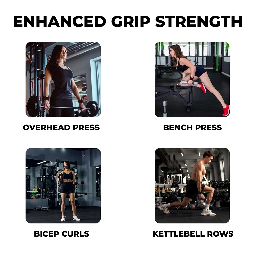 Athletes performing overhead press, bench press, bicep curls, and kettlebell rows using Yaghzu lifting grips with wrist support straps for enhanced grip strength during strength training workouts.