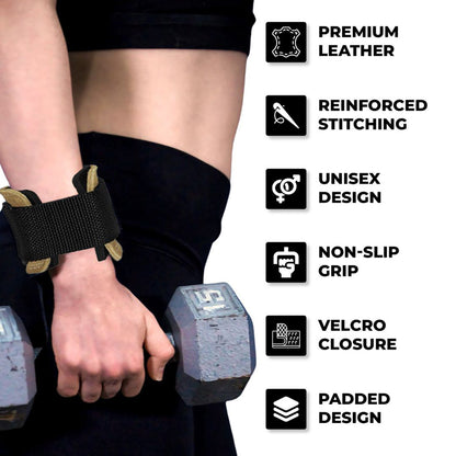 Close-up of person lifting dumbbells using Yaghzu lifting grips and gym straps with wrist support, featuring padded design, premium leather, reinforced stitching, and non-slip grip