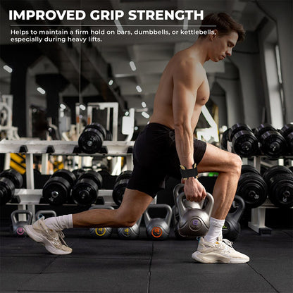 Man performing weighted lunges using Yaghzu lifting grips with wrist support and gym straps for enhanced grip strength during strength training in gym