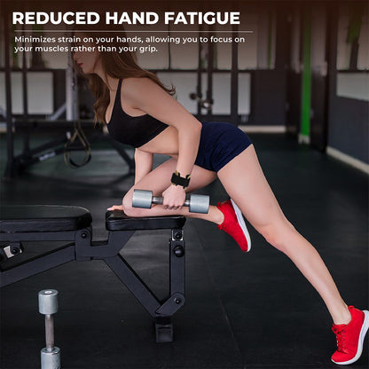 Woman performing dumbbell row in gym using Yaghzu lifting grips, gym straps, and wrist support, designed to reduce hand fatigue and improve grip during strength training