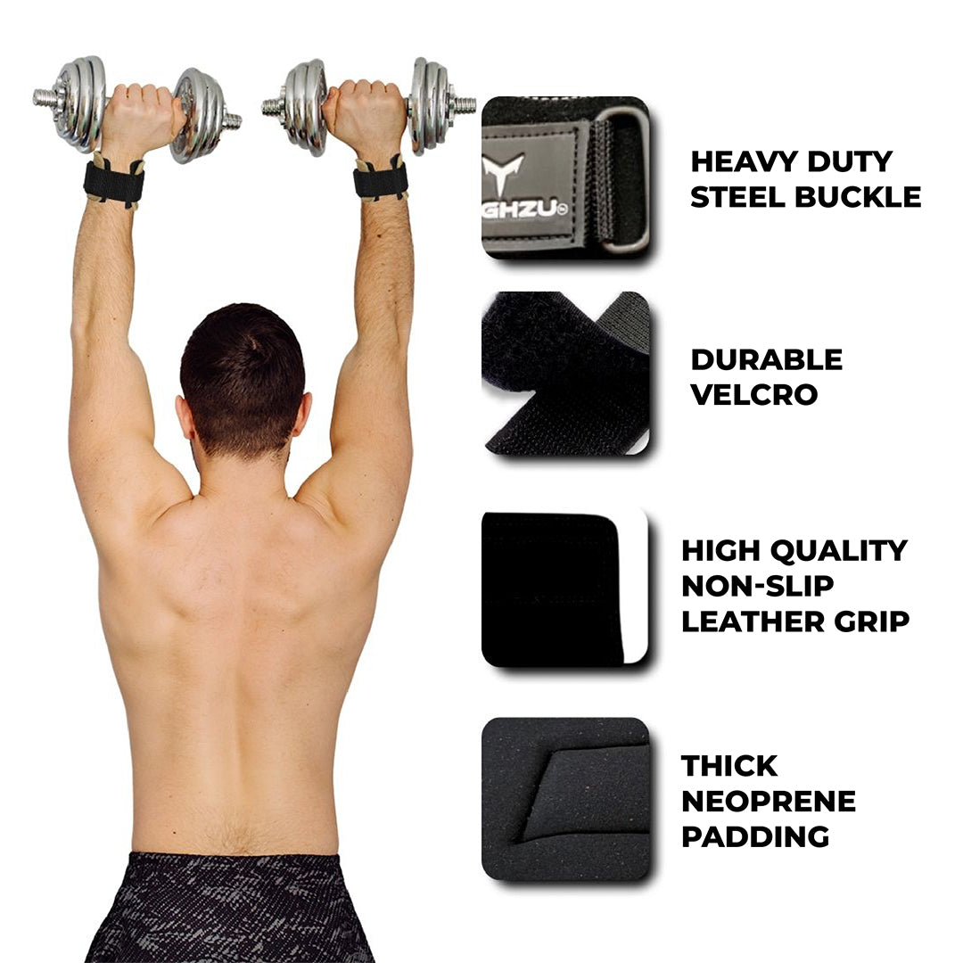 Man performing overhead dumbbell press using red Yaghzu gym straps with wrist support, showcasing heavy-duty steel buckle, durable Velcro, non-slip leather grip, and thick neoprene padding