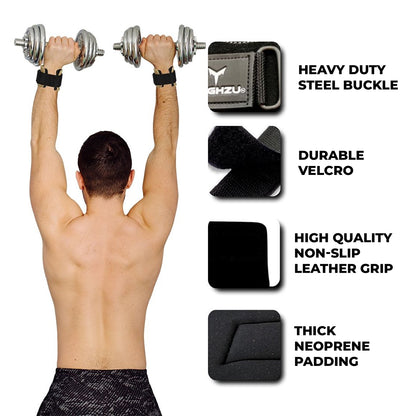 Man performing overhead dumbbell press using red Yaghzu gym straps with wrist support, showcasing heavy-duty steel buckle, durable Velcro, non-slip leather grip, and thick neoprene padding