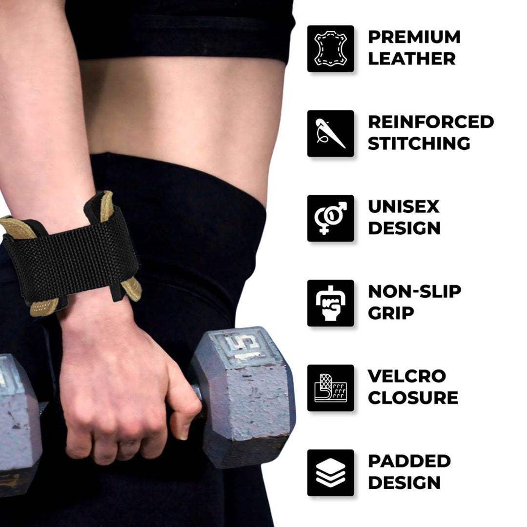 Close-up of woman lifting dumbbells using Yaghzu lifting grips with wrist support, gym straps, and non-slip grip for callus and blister protection during strength training.