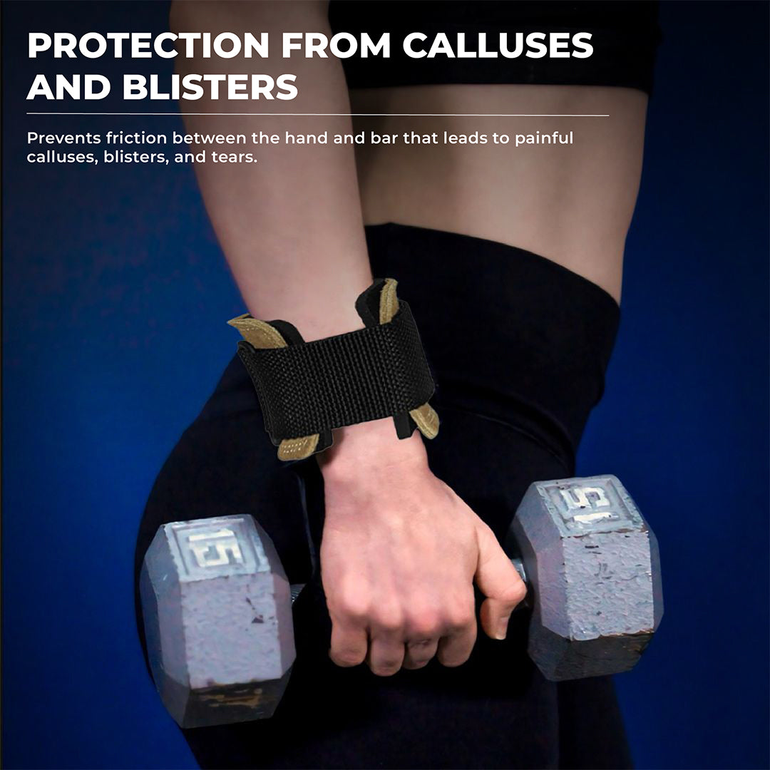 A person holding a 15-pound dumbbell while wearing Yaghzu gym grips with wrist support. The lifting grips are black with red accents and help protect from calluses, blisters, and tears by reducing friction during weightlifting. Text on the image highlights the benefits of protection from calluses and blisters.
