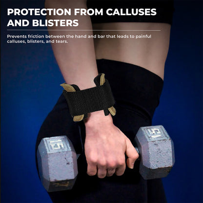 A person holding a 15-pound dumbbell while wearing Yaghzu gym grips with wrist support. The lifting grips are black with red accents and help protect from calluses, blisters, and tears by reducing friction during weightlifting. Text on the image highlights the benefits of protection from calluses and blisters.