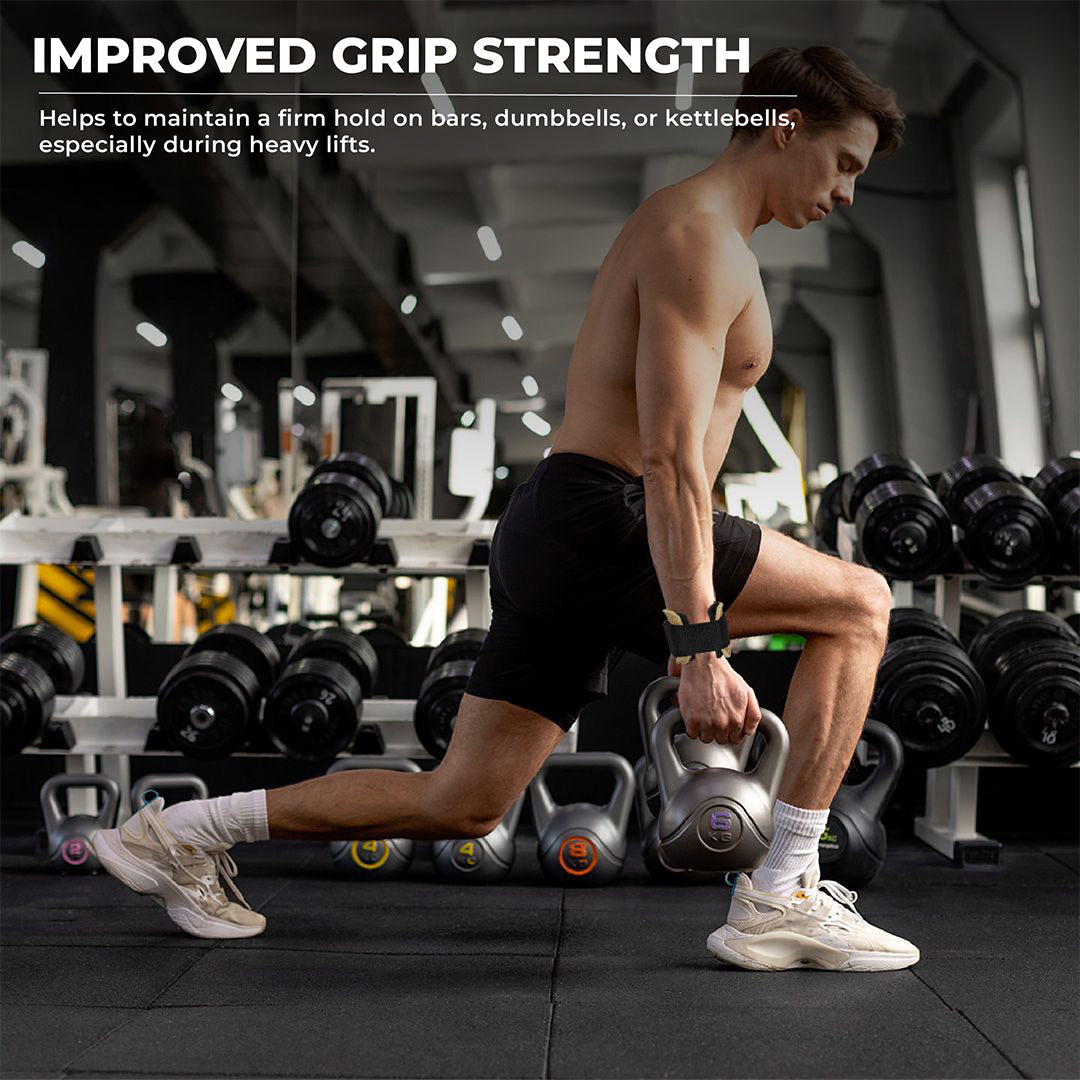 Man doing kettlebell lunges in gym wearing Yaghzu lifting grips with wrist support straps to improve grip strength and control during heavy strength training.