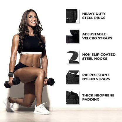 Fit woman wearing Yaghzu weight lifting hooks while performing a lunge with dumbbells, alongside product highlights: heavy duty steel rings, adjustable Velcro straps, non-slip coated steel hooks, rip-resistant nylon straps, and thick neoprene padding.