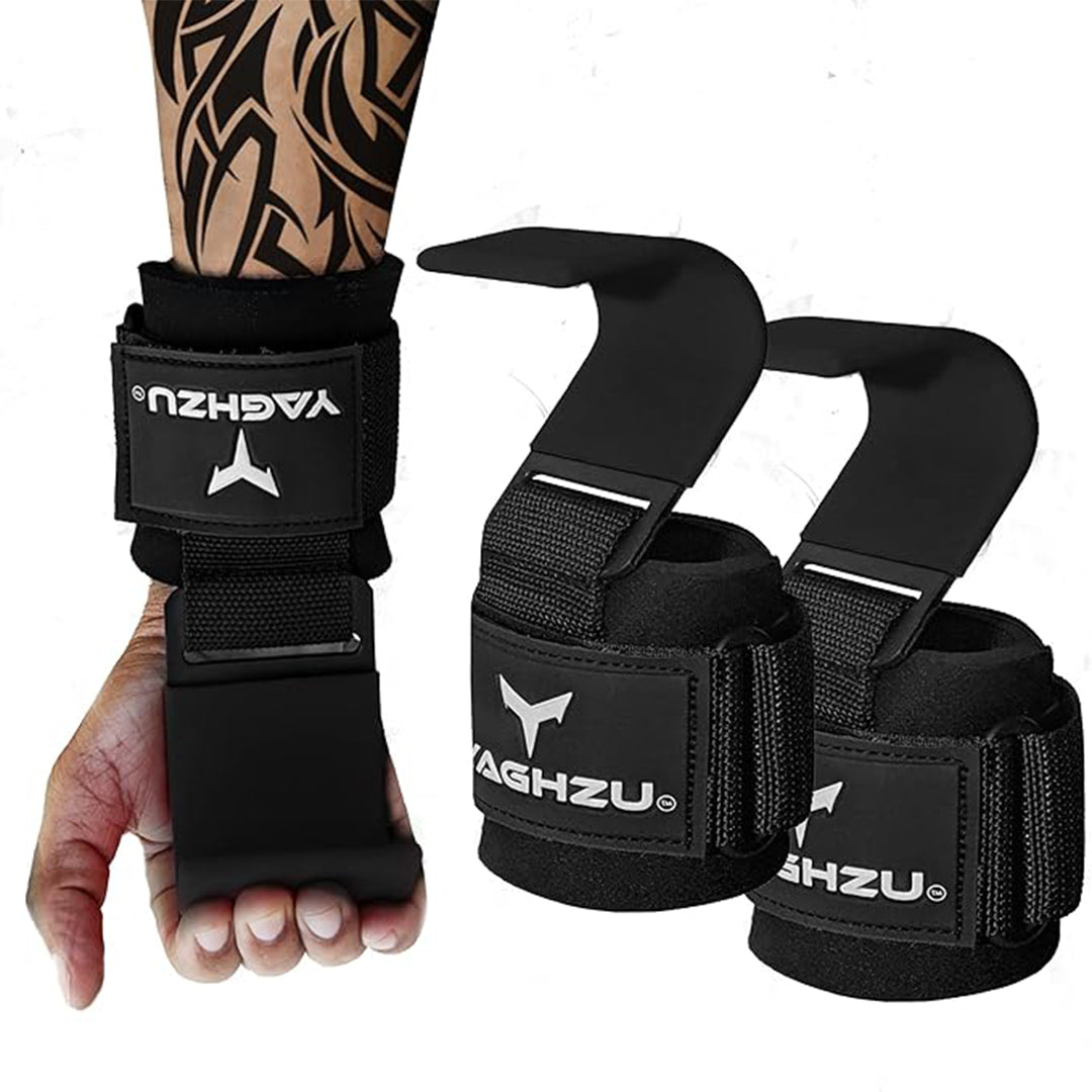 Yaghzu black weight lifting hooks shown on a tattooed forearm and separately as a pair, featuring padded wrist support, strong steel hooks, and adjustable Velcro straps for secure grip during heavy lifts.
