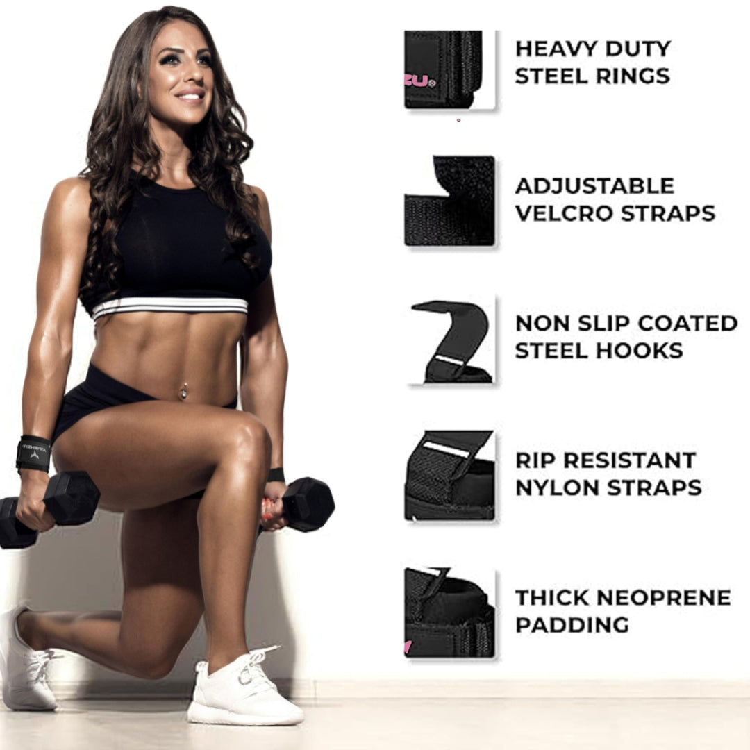 Fit woman wearing Yaghzu weight lifting hooks while performing a lunge with dumbbells, alongside product highlights: heavy duty steel rings, adjustable Velcro straps, non-slip coated steel hooks, rip-resistant nylon straps, and thick neoprene padding.
