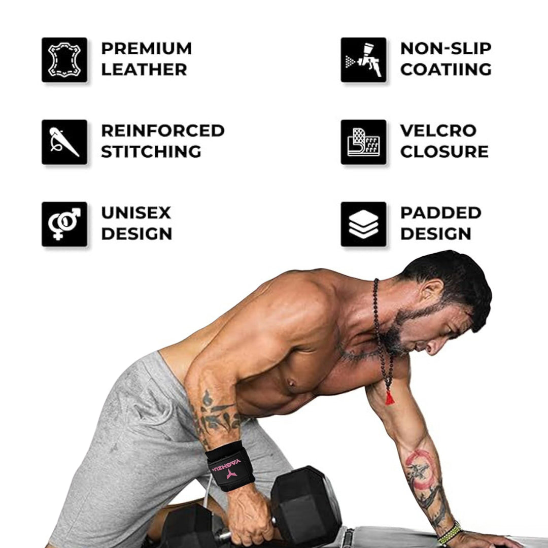 Muscular man using Yaghzu weight lifting hooks while performing a one-arm dumbbell row, surrounded by product feature icons including premium leather, reinforced stitching, unisex design, non-slip coating, Velcro closure, and padded design.