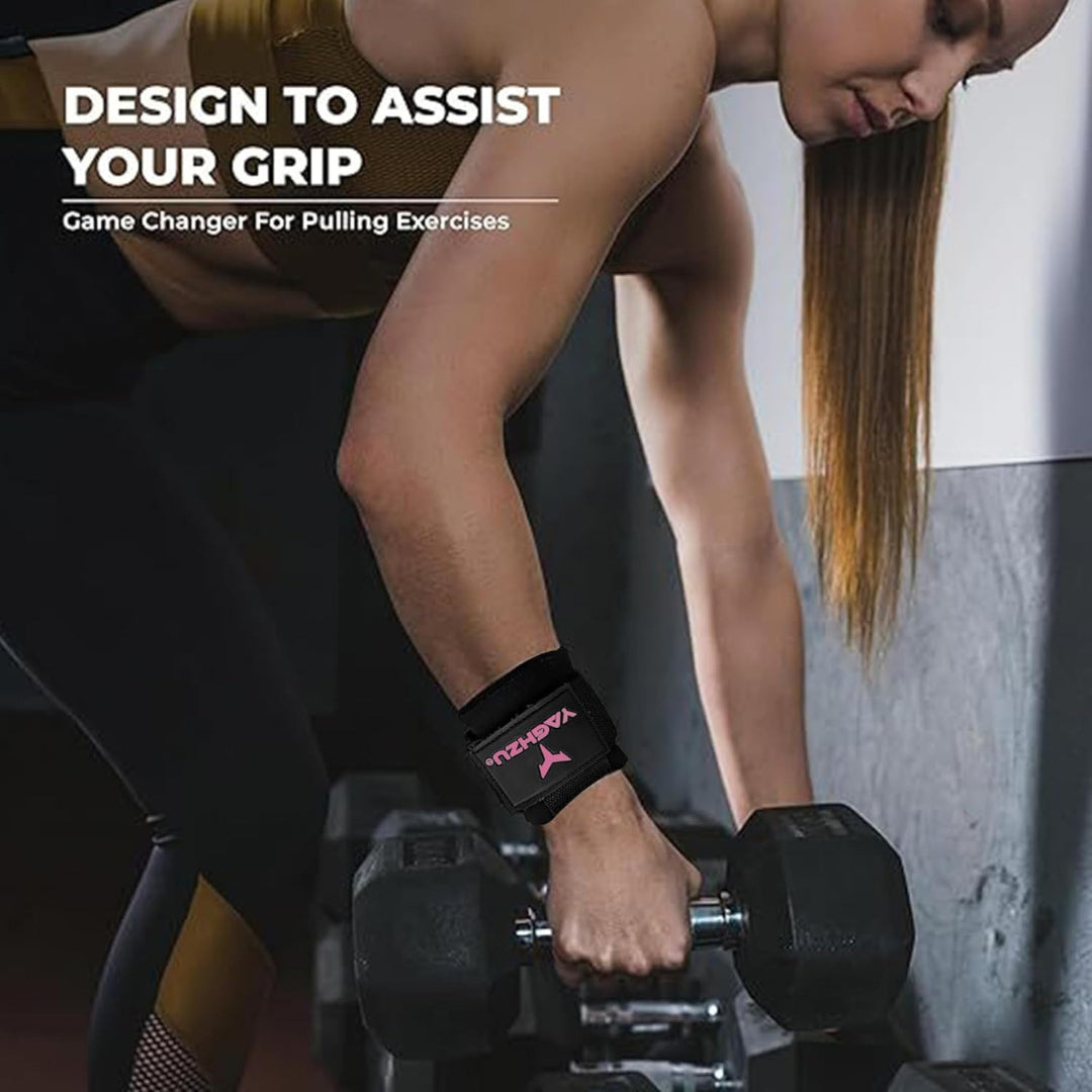 Woman performing dumbbell rows in a gym while wearing Yaghzu lifting hooks, designed to enhance grip during pulling exercises and deadlifts