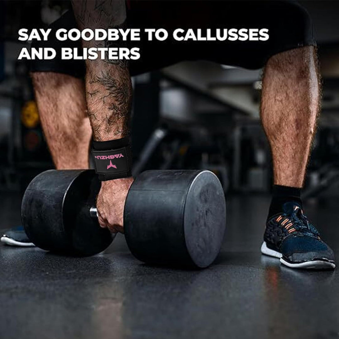 Man gripping heavy dumbbells in a gym while wearing Yaghzu lifting hooks for deadlifts and weight lifting, providing enhanced grip and protection against calluses.
