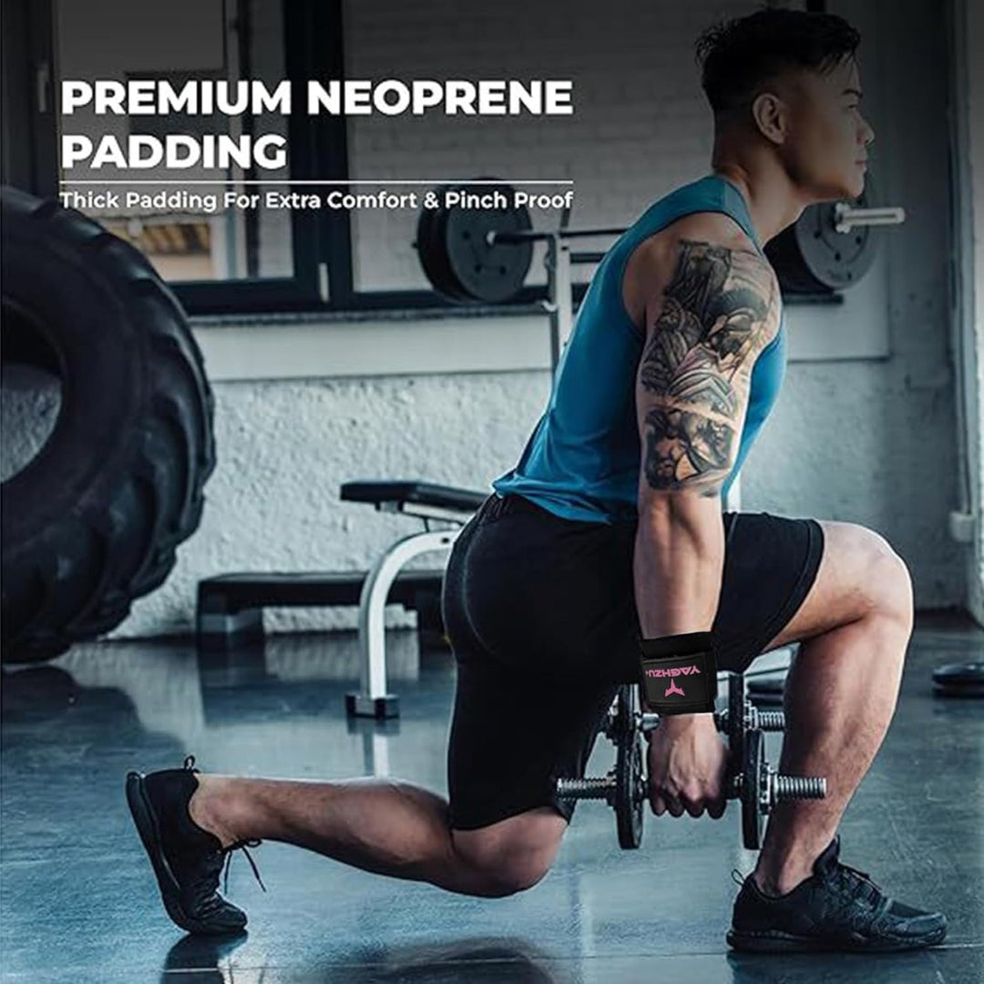 Tattooed man performing weighted lunges in a gym while wearing Yaghzu weight lifting hooks with premium neoprene padding for comfort and pinch protection.
