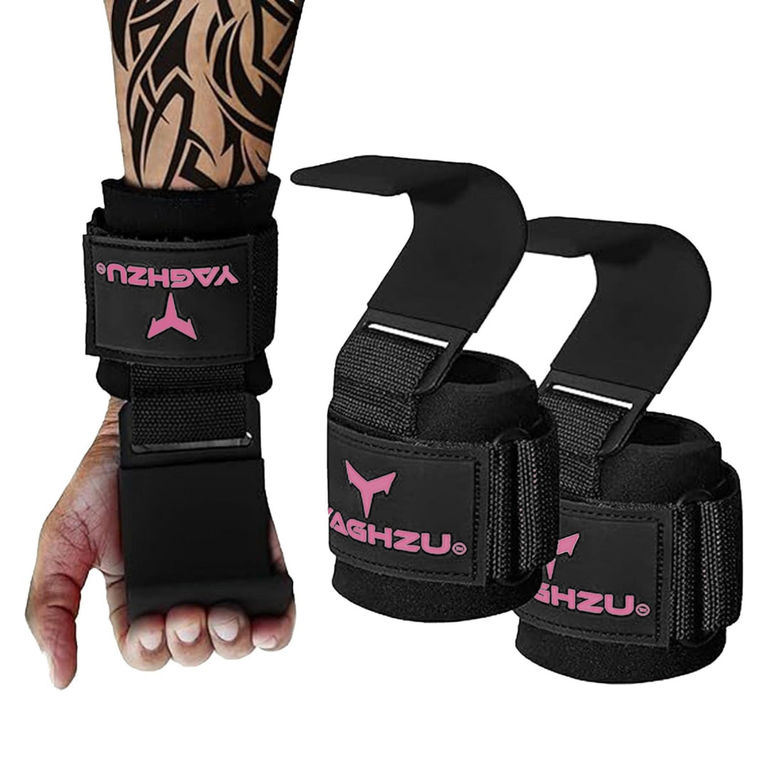 Yaghzu black and pink weight lifting hooks with wrist support, featuring a tattooed arm demo for enhanced grip during heavy lifting and gym workouts.